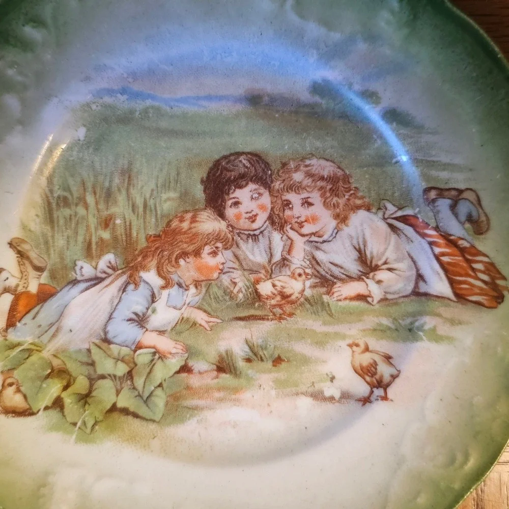 Vintage Porcelain Children and Chicks Collector Plate Green Scalloped Rim 6 Inch